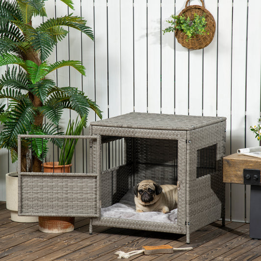 PawHut Wicker Dog Cage, Dog Crate with Lockable Door and Soft Washable Cushion for Small Sized Dogs, 62 x 59 x 66 cm, Grey