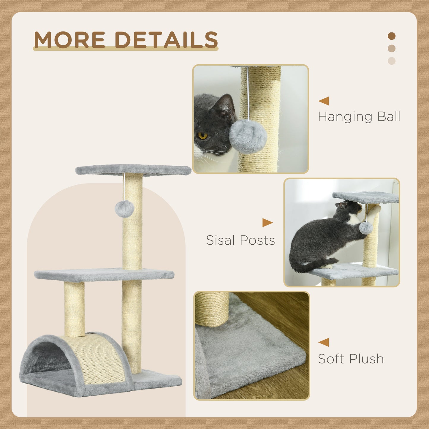 PawHut 72cm Cat Tree with Scratching Post Pad for Indoor Cats Light Grey