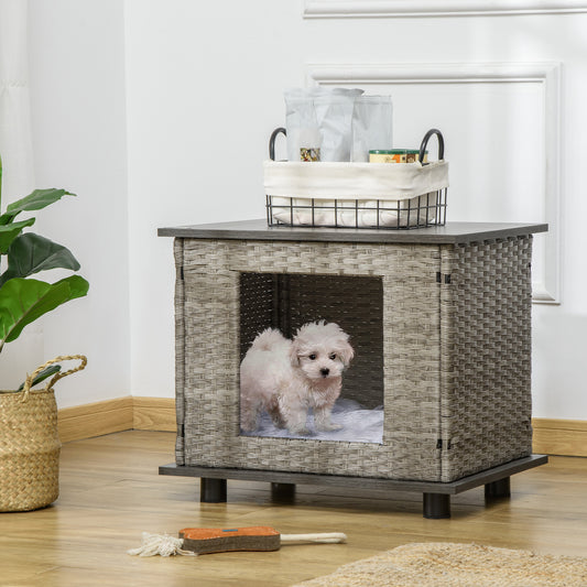 PawHut Wicker Dog House Rattan Pet Bed End Table Furniture with Soft Cushion Adjustable Feet for X-Small Dogs, Grey