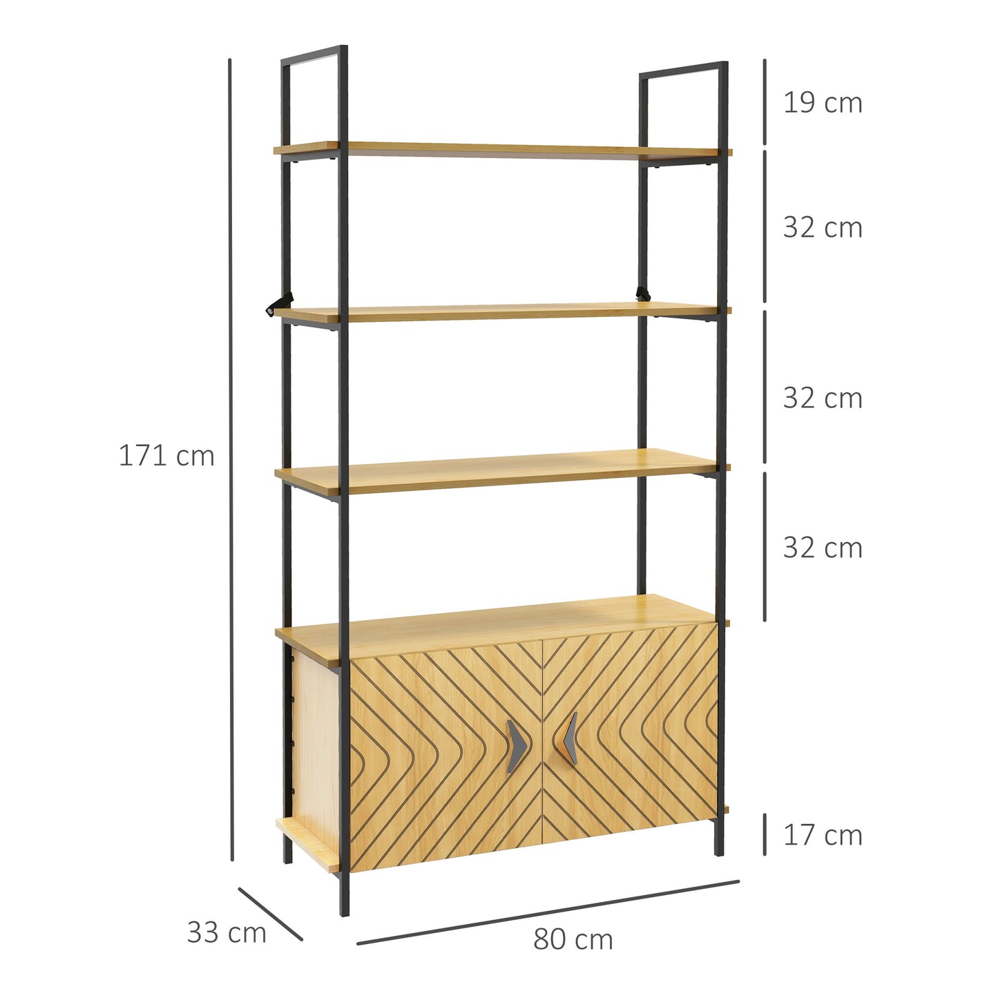 HOMCOM 4-Tier Metal Display Shelf with Double Door Cabinet & Metal Frame for Living Room, Bedroom-Oak Tone