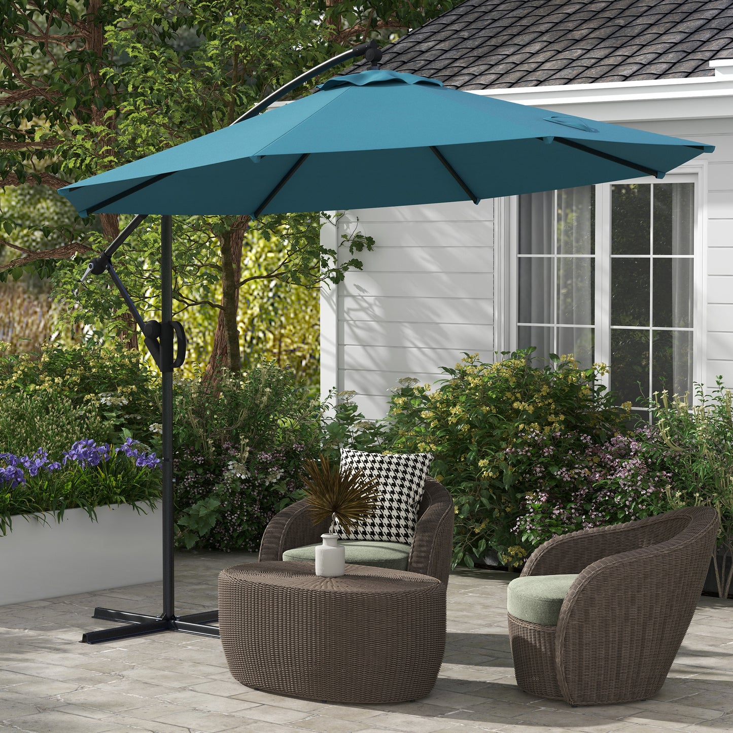 Outsunny 3(m) Offset Cantilever Parasol Umbrella, with Cross Base - Blue