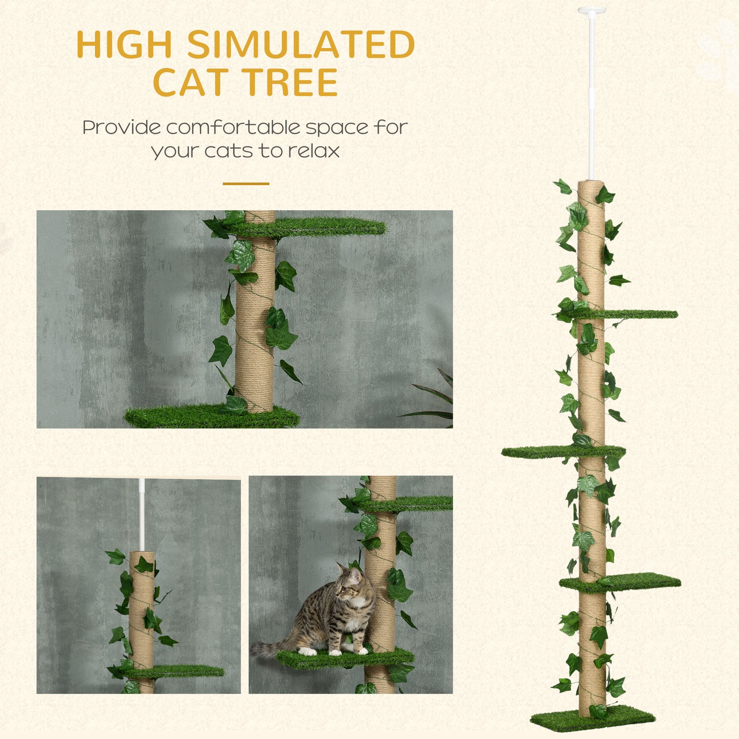 PawHut 242cm Floor to Ceiling Cat Tree, Height Adjustable Kitten Tower with Anti-slip Kit, Green