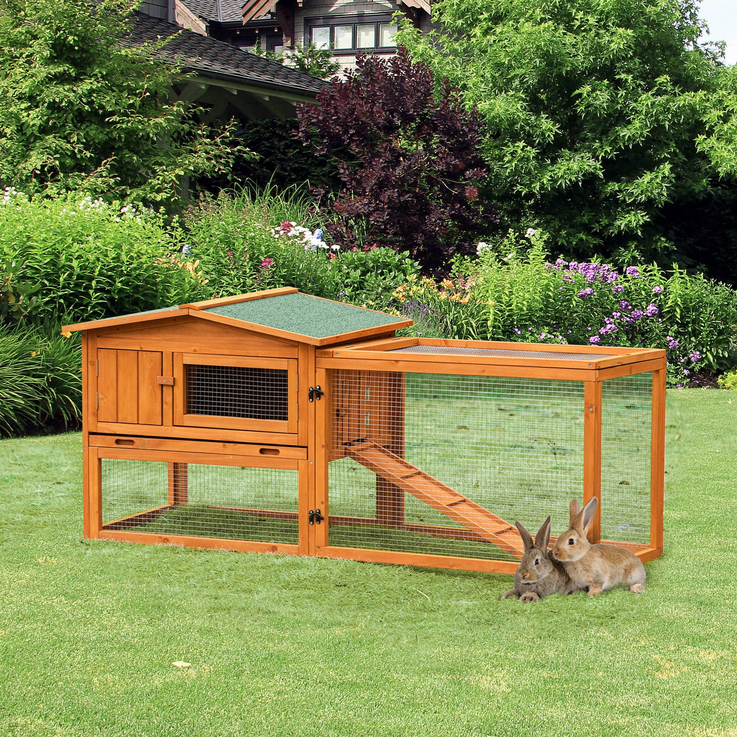 PawHut Rabbit Hutch and Run Outdoor Bunny Cage Wooden Guinea Pig Hide House with Sliding Tray, Hay Rack, Ramp, 156 x 58 x 68cm
