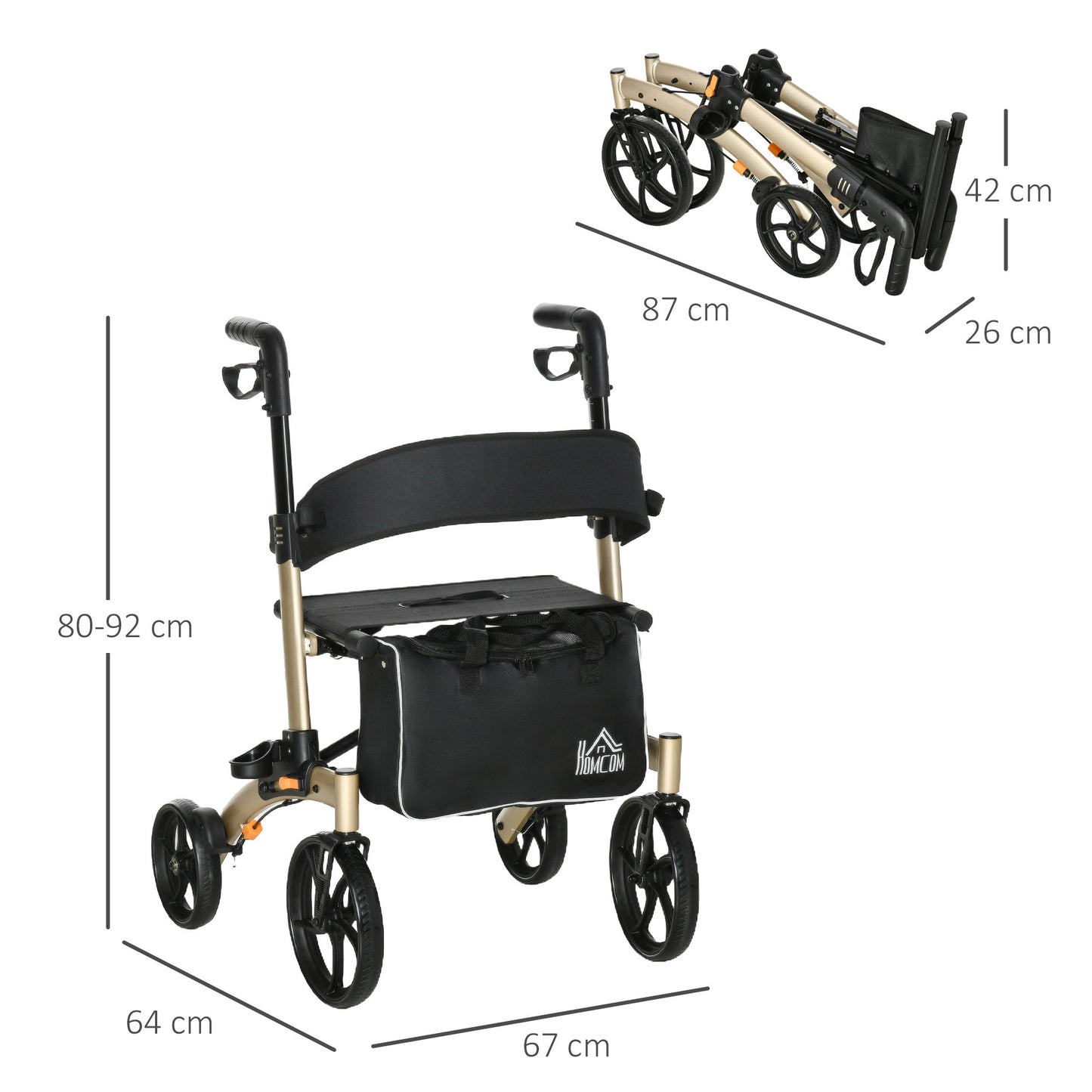 HOMCOM Folding Rollator with Cane Holder, Adjustable Handle Height and Aluminum Frame, 4 Wheeled Mobility Walker with Seat and Bag, Gold