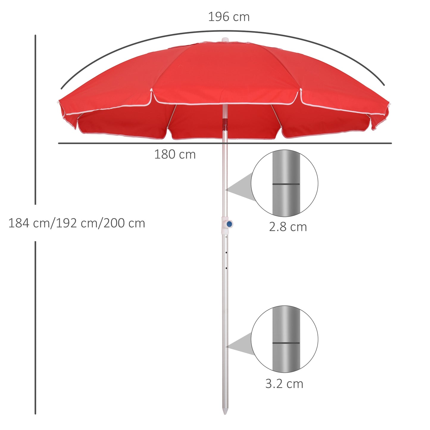 Outsunny Arc. 1.9m Beach Umbrella w/ Adjustable Angle Pointed Design Carry Bag Red