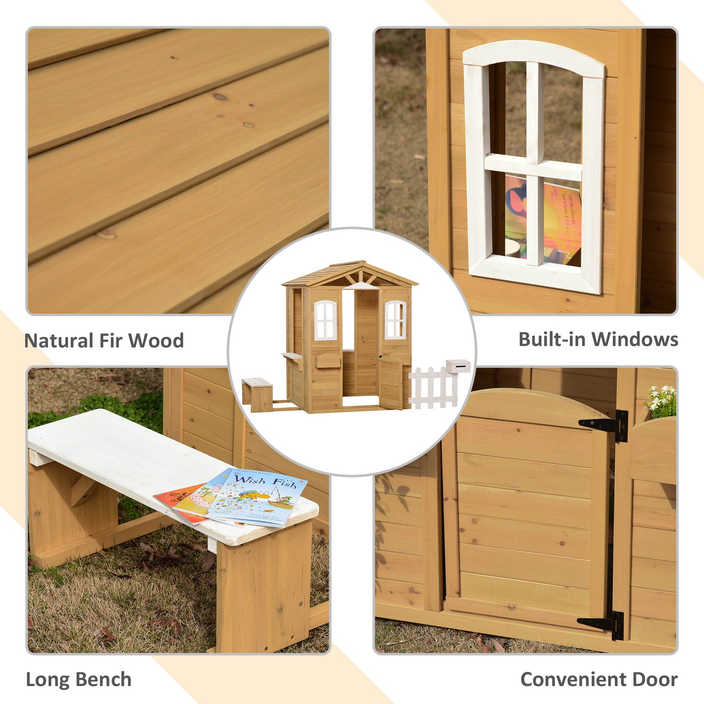 Outsunny Wooden Outdoor Playhouse w/ Door Windows Bench Accessories for Kids Children