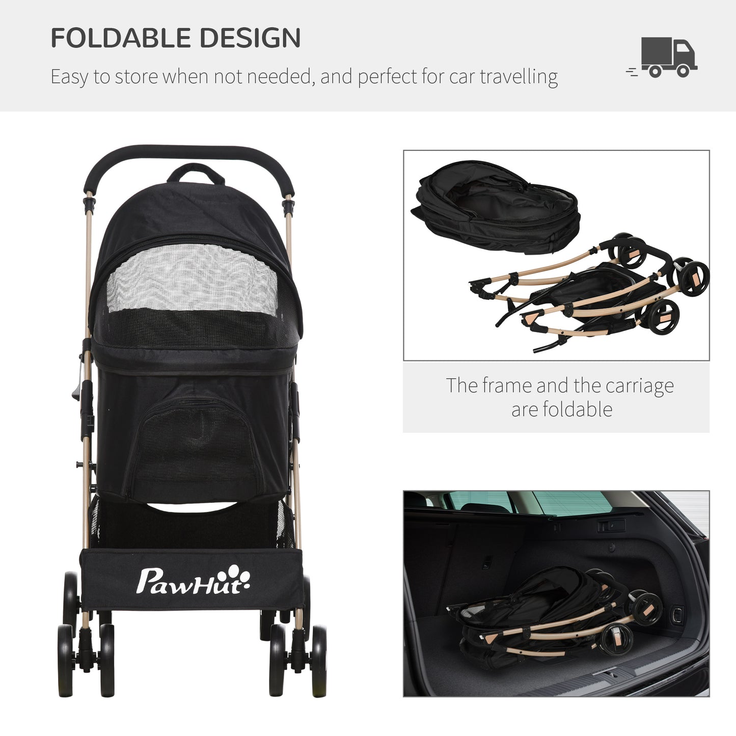 PawHut Detachable Pet Stroller, 3-In-1 Dog Cat Travel Carriage, Foldable Carrying Bag with Universal Wheel Brake Canopy Basket Storage Bag, Black