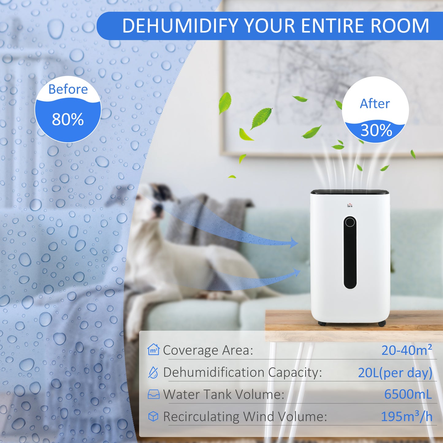 HOMCOM 6500mL Portable Dehumidifier with Air Purifier Filter, 24H Timer, 4 Modes, 22L/Day, for Home Laundry Basement