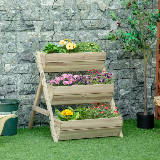 Outsunny 3 Tier Raised Garden Bed Wooden Elevated Planter Box Kit for Flower, Vegetable, Herb, 120 x 68 x 80cm, Green Kit,