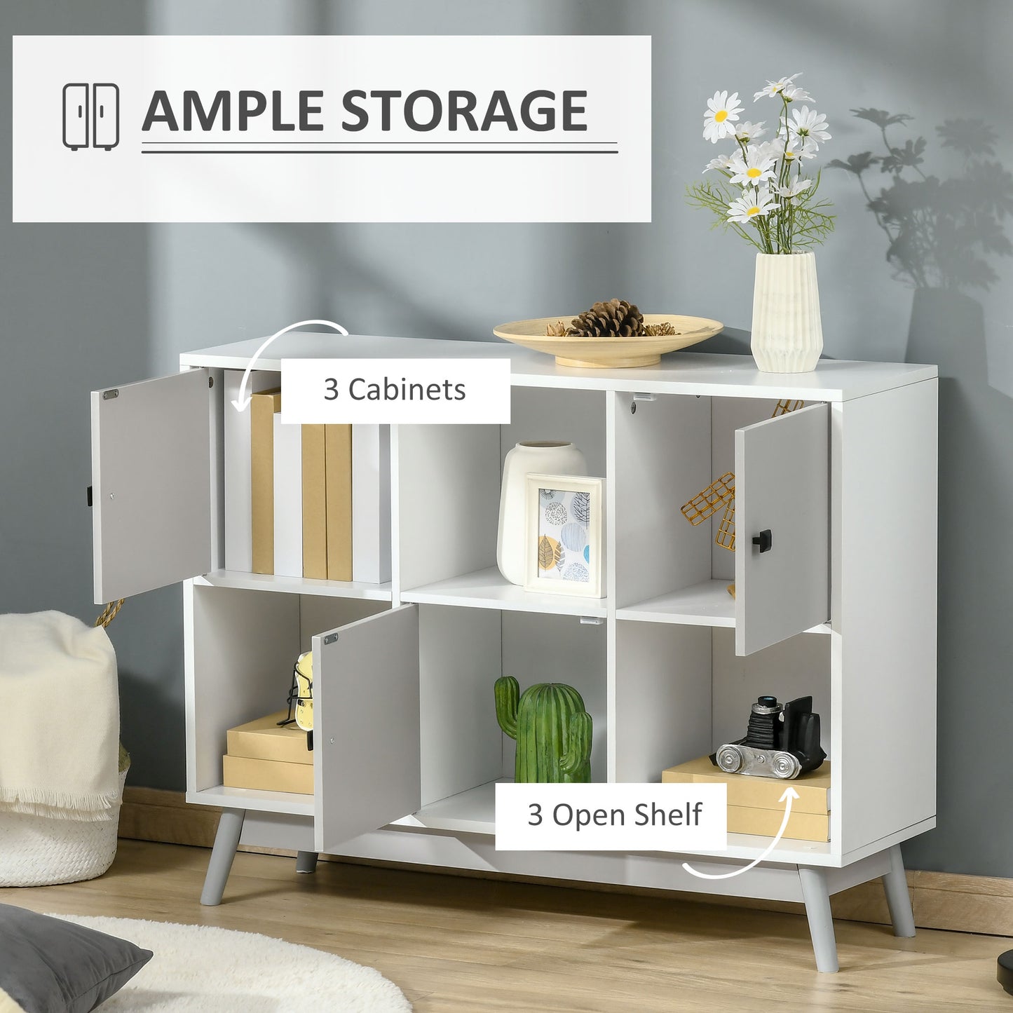 HOMCOM Storage Cabinet, Bookcase, Display Shelf with 6 Storage Cubes & Doors for Dining Room, Living Room, Grey