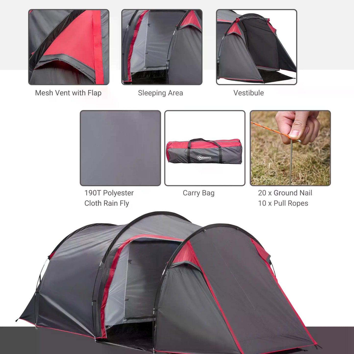 Outsunny Dome Tent for 3-4 Person Family Tent with Screened-In Porch Waterproof Dark Grey