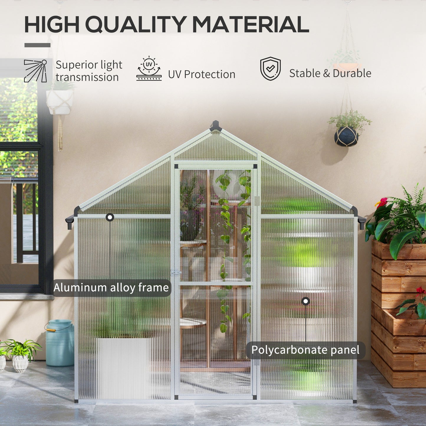 Outsunny 6 x 6ft Polycarbonate Greenhouse with Rain Gutters, Large Walk-In Green House with Door and Window, Garden Plants Grow House with Aluminium Frame and Foundation