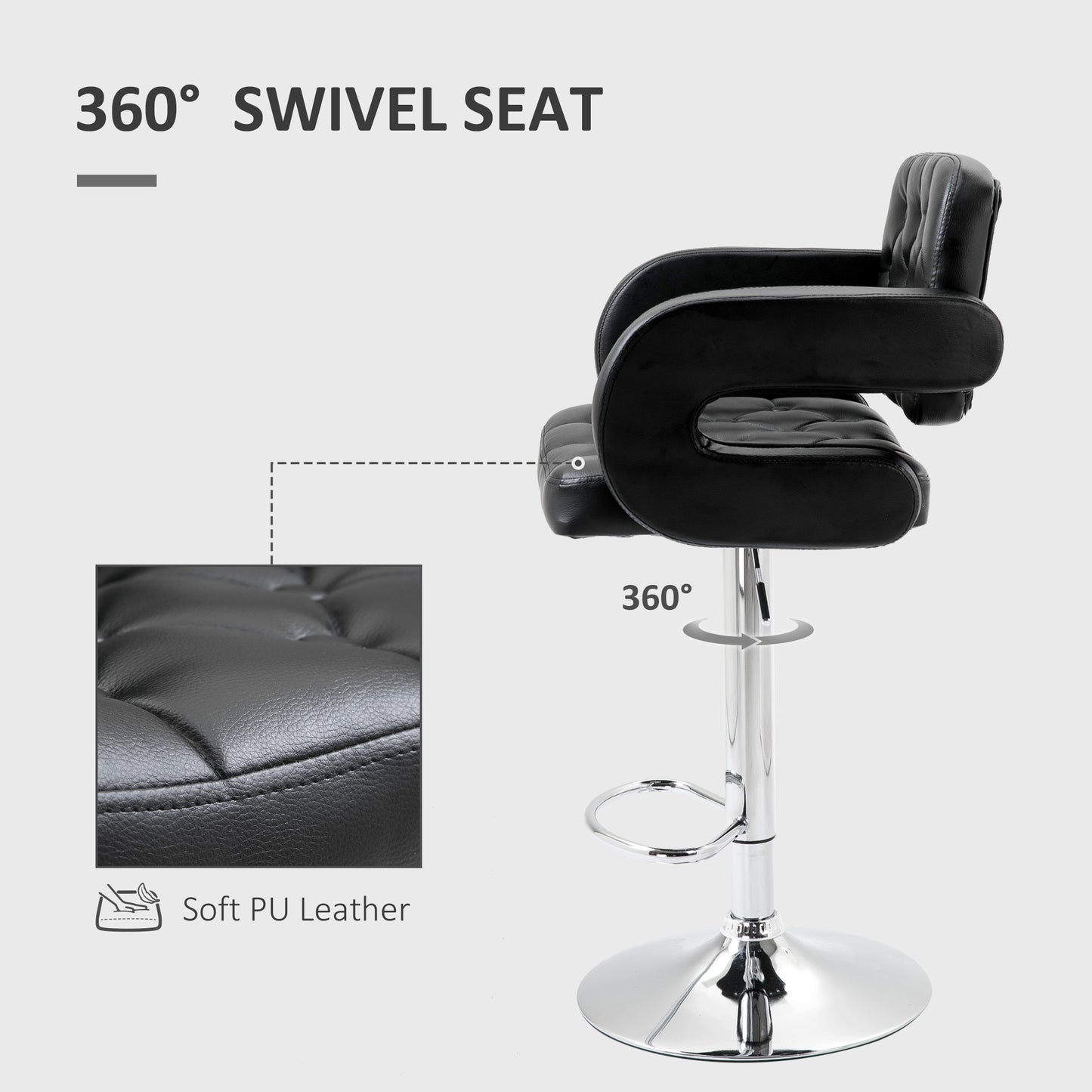 HOMCOM PU Leather Upholstered Swivel Bar Stool Height Adjustable Barstool with Back Armrest Footrest for Kitchen