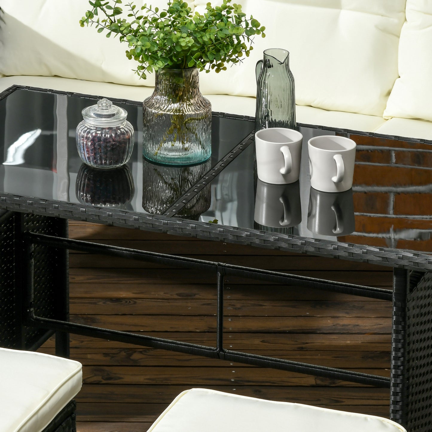 Outsunny 5 Seater Rattan Garden Furniture Set, 2 Armchairs, 3-seater Wicker Sofa, 2 Footstools and Glass Table, 6 Piece Patio Rattan furniture Sofa Sets with Cushions for Conservatory, White