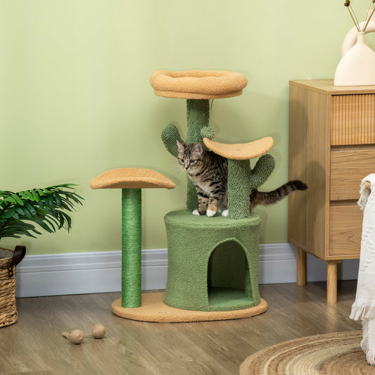 PawHut Cactus Cat Tree, 83cm Cat Climbing Tower, kitten Activity Centre with Teddy Fleece House, Green