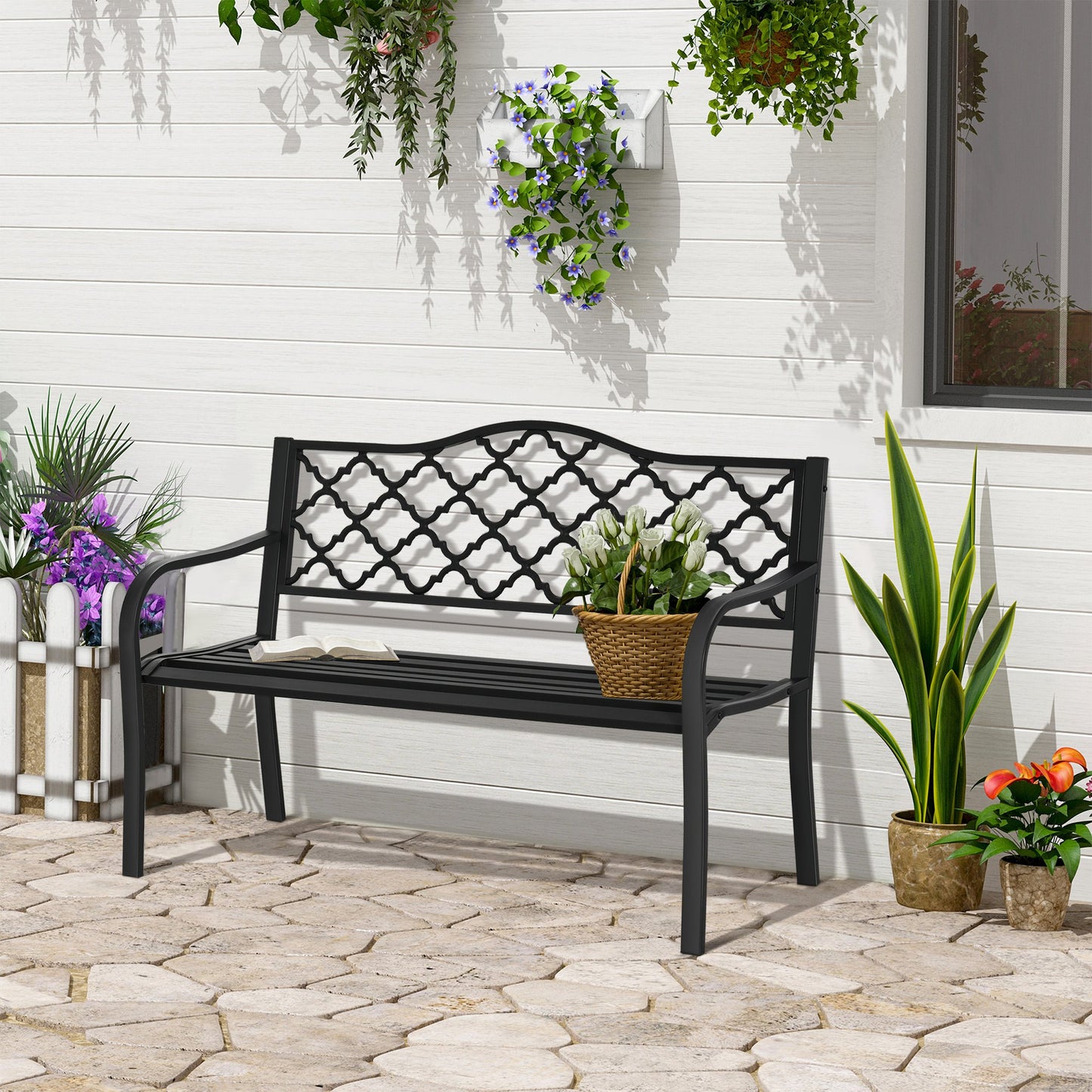 Outsunny 2-Seater Outdoor Garden Bench Antique Park Loveseat Chair with Armrest for Yard, Lawn, Porch, Patio, Steel