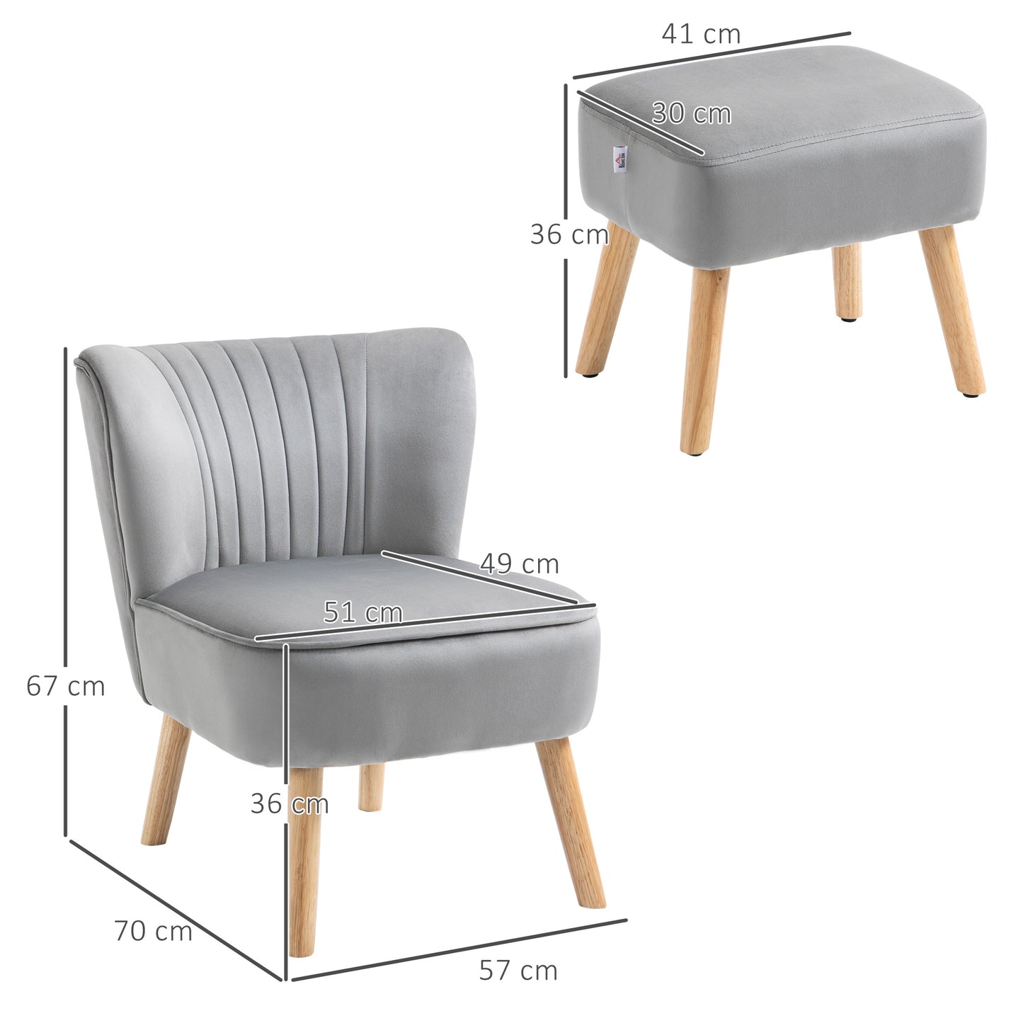 HOMCOM Velvet-Feel Tub Chair and Footstool - Grey