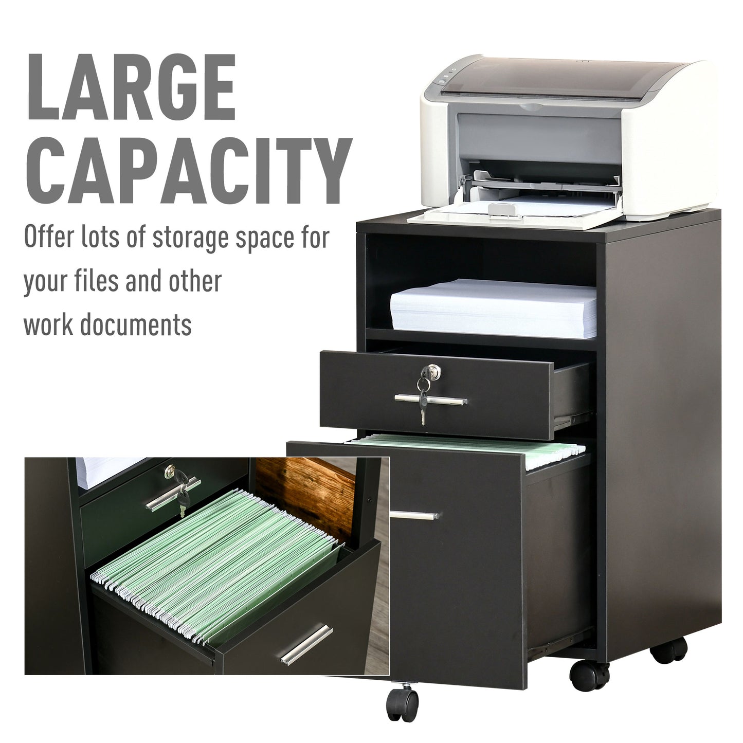 Vinsetto Mobile File Cabinet Home Filing Furniture with Lock, Drawers and Adjustable Partition for Office, Bedroom and Living Room, 38.8x40x60cm, Black Documents Storage