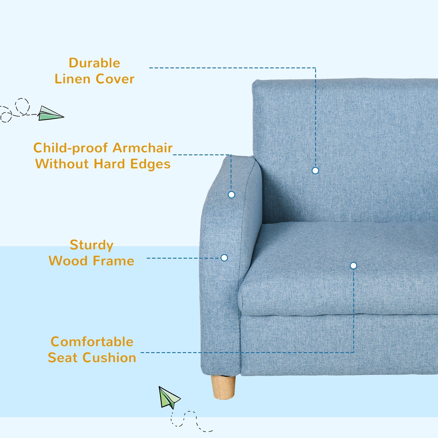 HOMCOM Kids Children Armchair Mini Sofa Wood Frame Anti-Slip Legs High Back Bedroom Playroom Furniture Blue