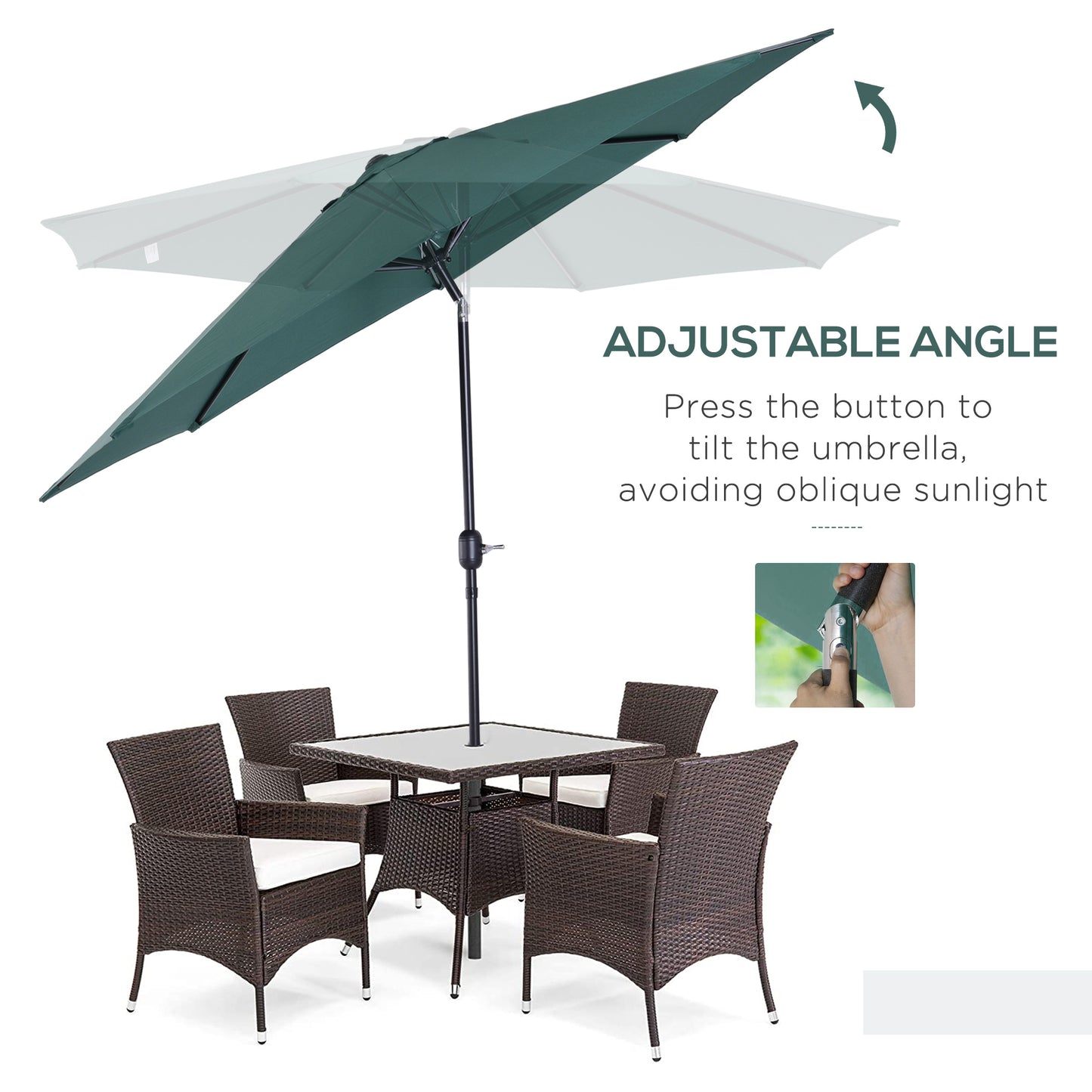 Outsunny 3m Parasol Patio Umbrella, Outdoor Sun Shade with Tilt and Crank Handle for Balcony, Bench, Garden, Green Sunshade Canopy