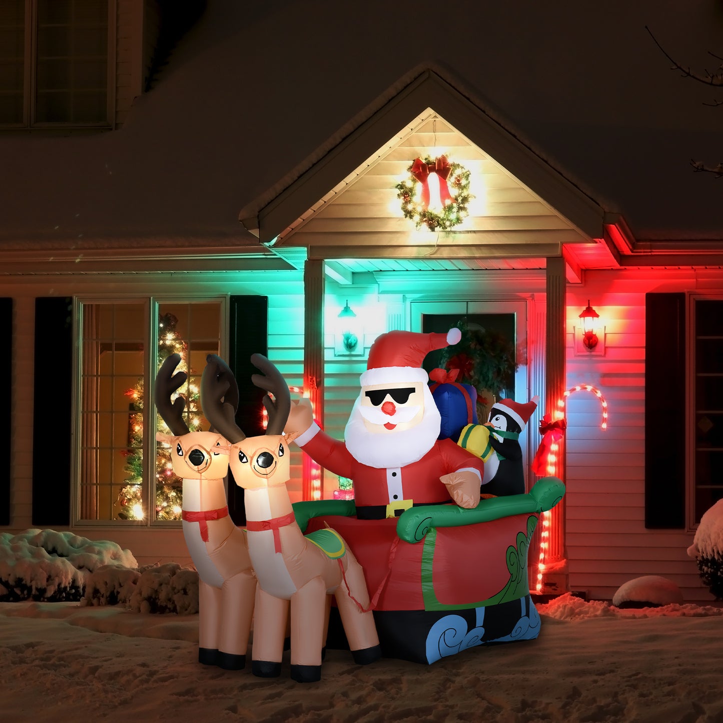 Outsunny 6ft Inflatable Christmas Santa Claus and Penguin on Sleigh with 2 Reindeer