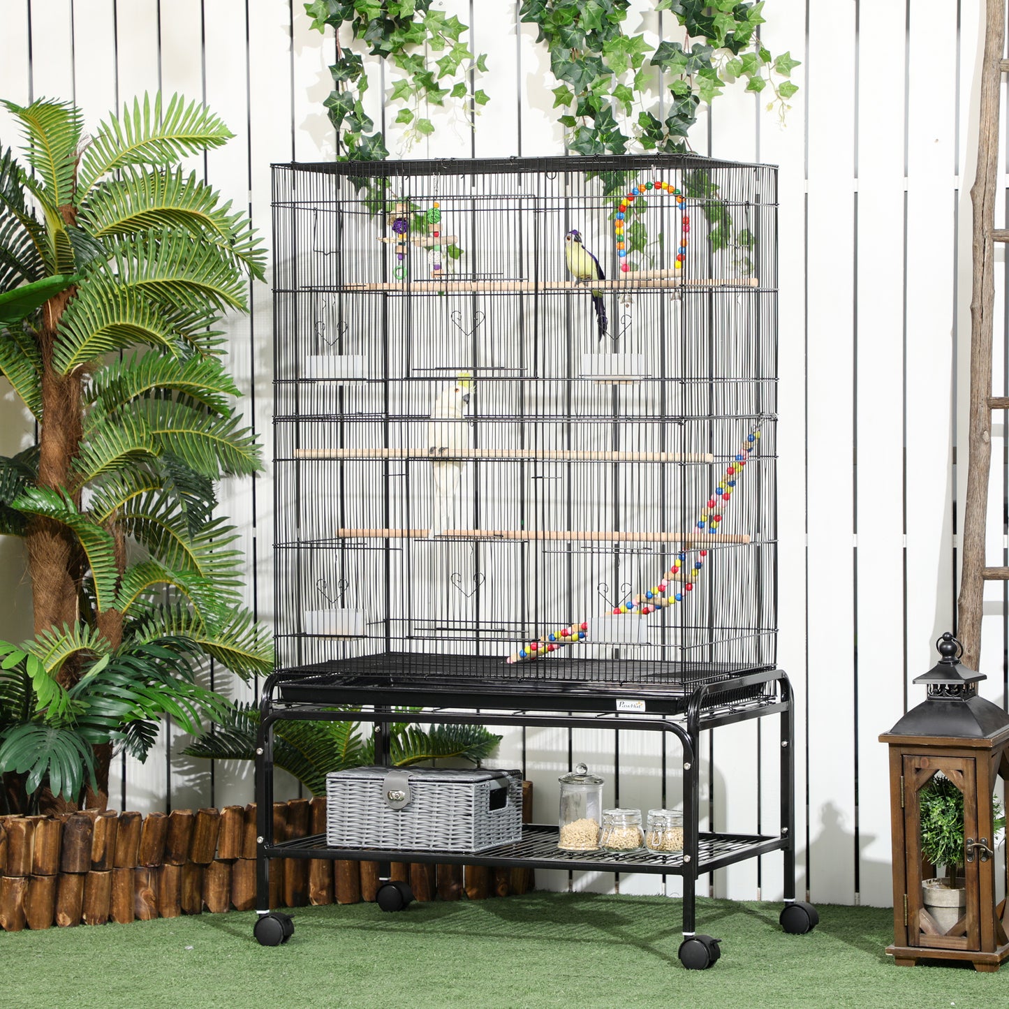 PawHut Bird Cage with Stand, Toys, Wheels, for Canaries, Finches, Lovebirds, Parakeets, Budgie Cage with Accessories, Storage Shelf - Black