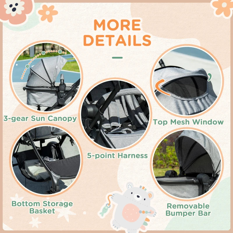 HOMCOM 2 in 1 Lightweight Pushchair w/ Reversible Seat, Foldable Travel Baby Stroller w/ Fully Reclining From Birth to 3 Years, 5-point Harness, Sun Canopy, Adjustable Backrest Handlebar Grey