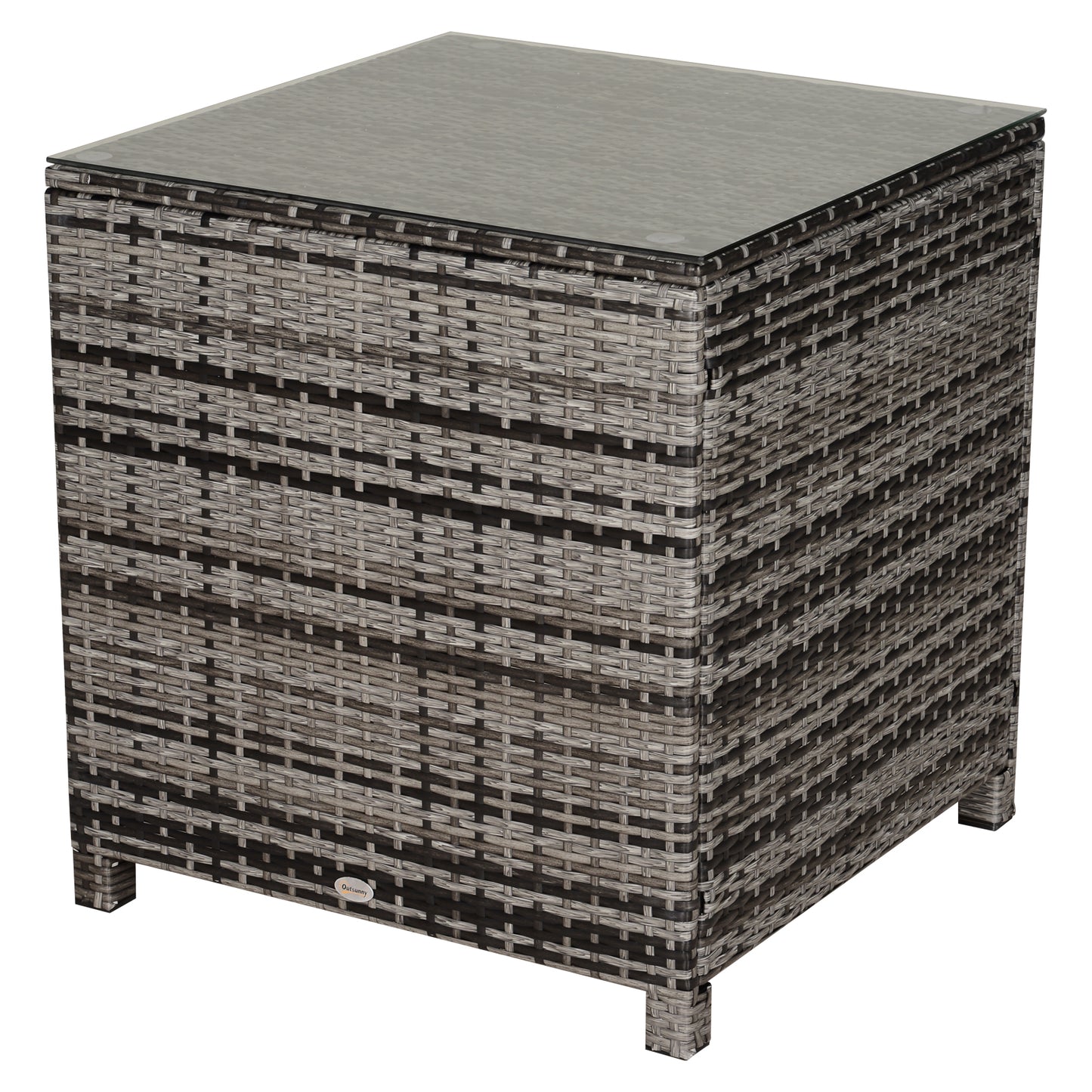 Outsunny Tempered Glass Top Outdoor Garden Rattan Side Table Grey