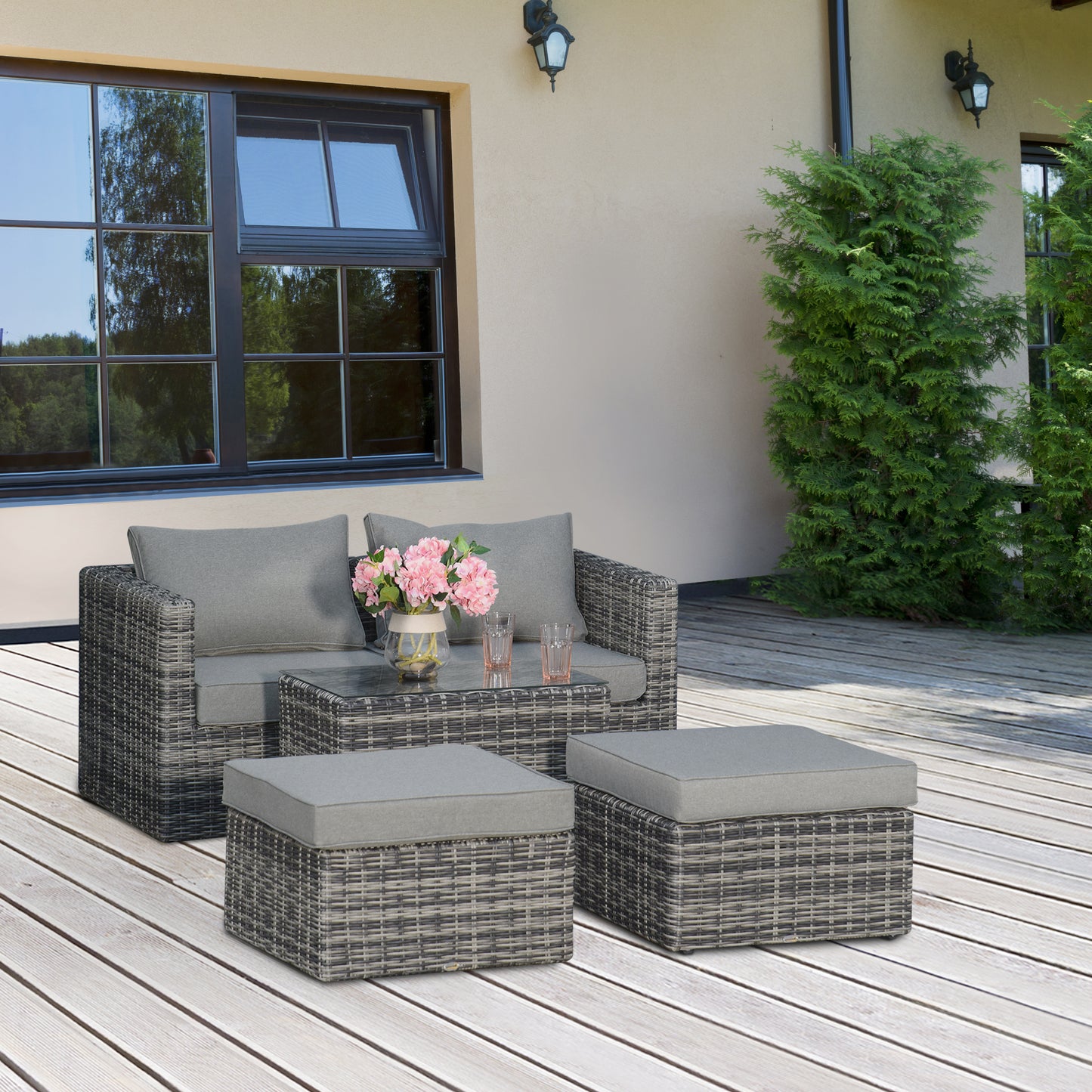 Outsunny 5 Pcs Rattan Garden Furniture Set Tall Glass-Top Table Aluminium Frame Grey