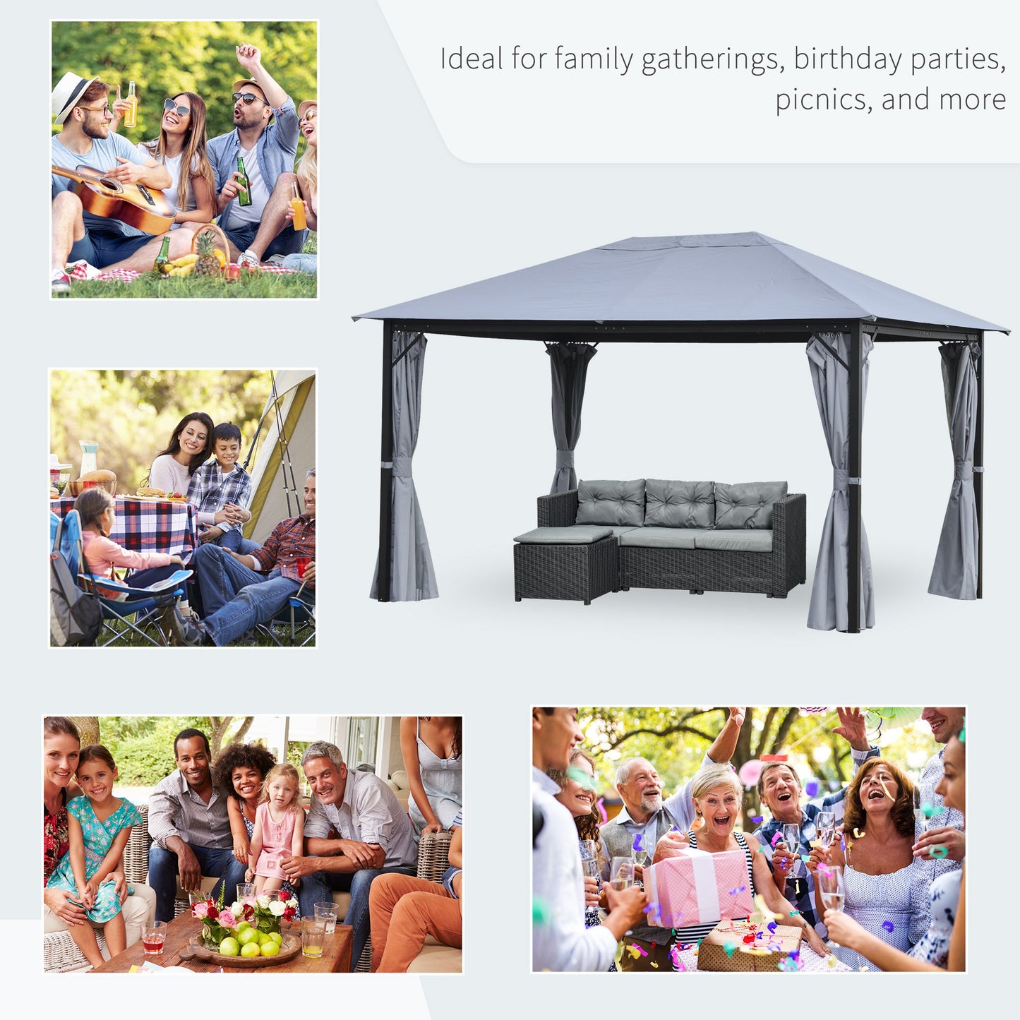 Outsunny 4 x 3(m) Outdoor Gazebo Canopy Party Tent Garden Pavilion Patio Shelter with Curtains, Netting Sidewalls, Grey w/