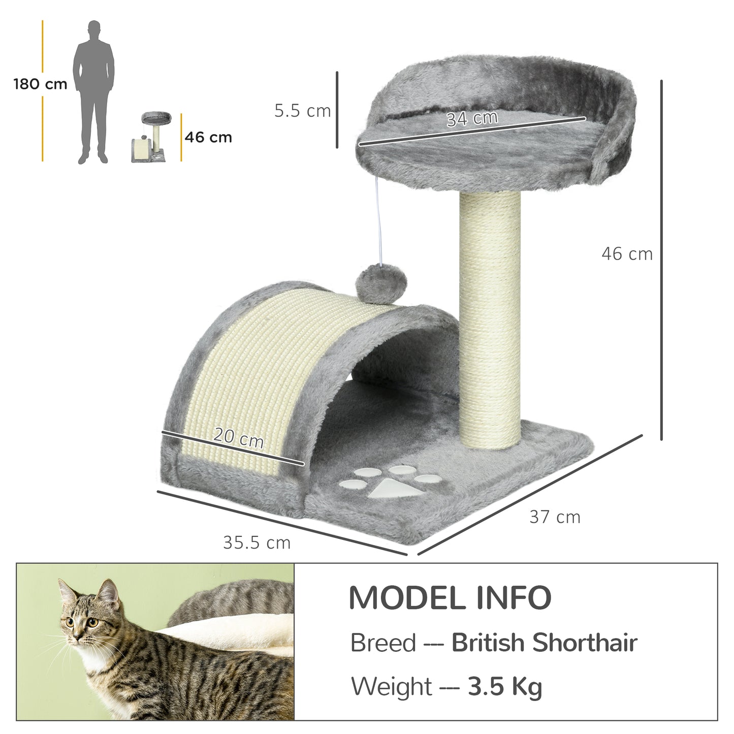 PawHut Cat Tree Scratching Scratcher Post Kitten Activity Centre Climber Hanging Ball Grey