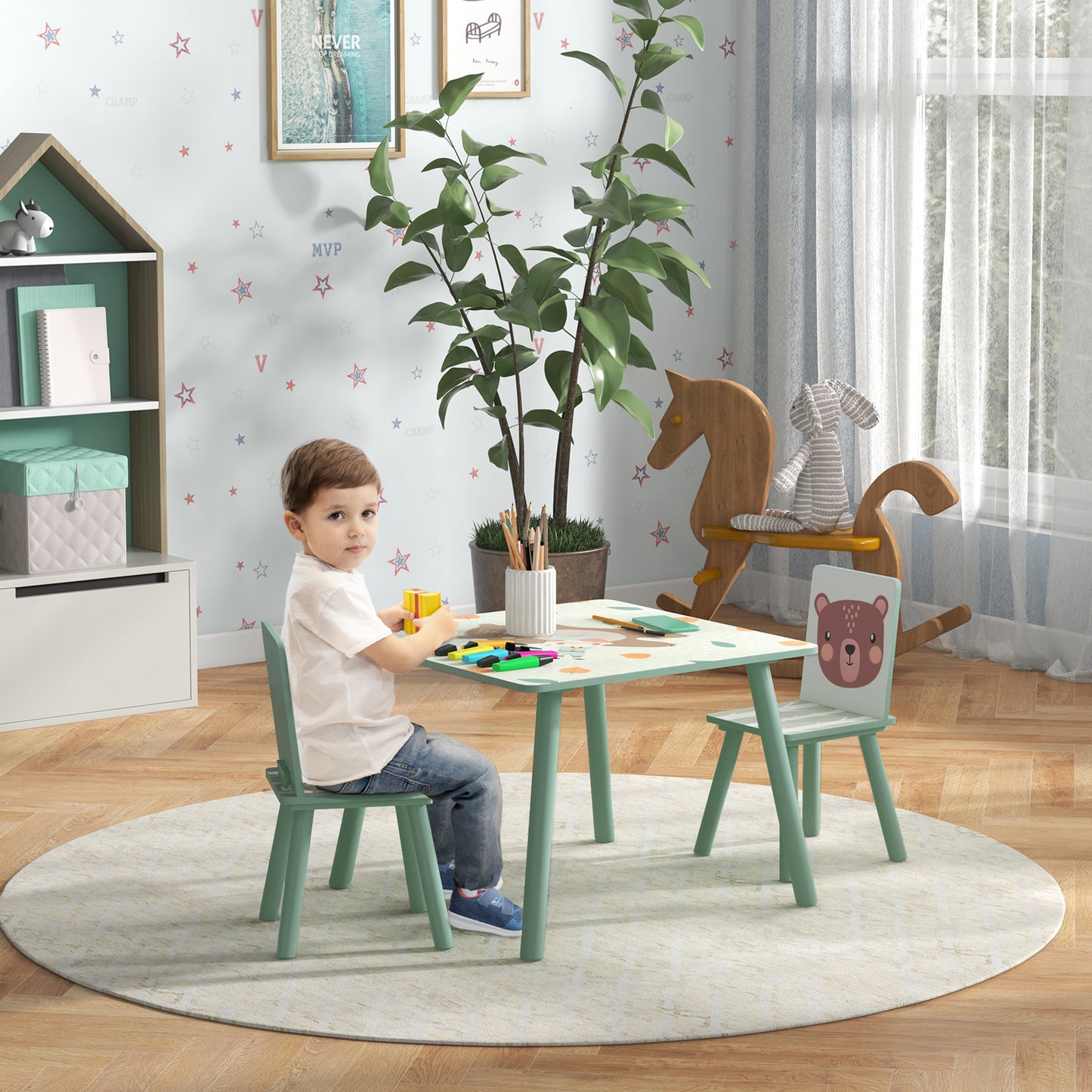 ZONEKIZ Kids and Table Chairs Children Desk with Two Chairs Toddler Furniture Set for Ages 36 Years Green