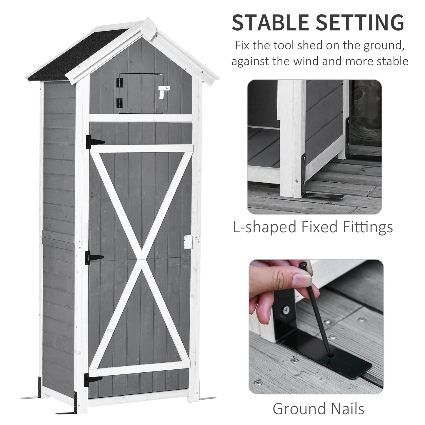 Outsunny Garden Wood Storage Shed with Workstation, Hooks and Ground Nails Multifunction  Lockable Sheds & Outdoor Storage Asphalt Roof Tool Organizer, 182 x 78 x 52.5cm, Grey w/