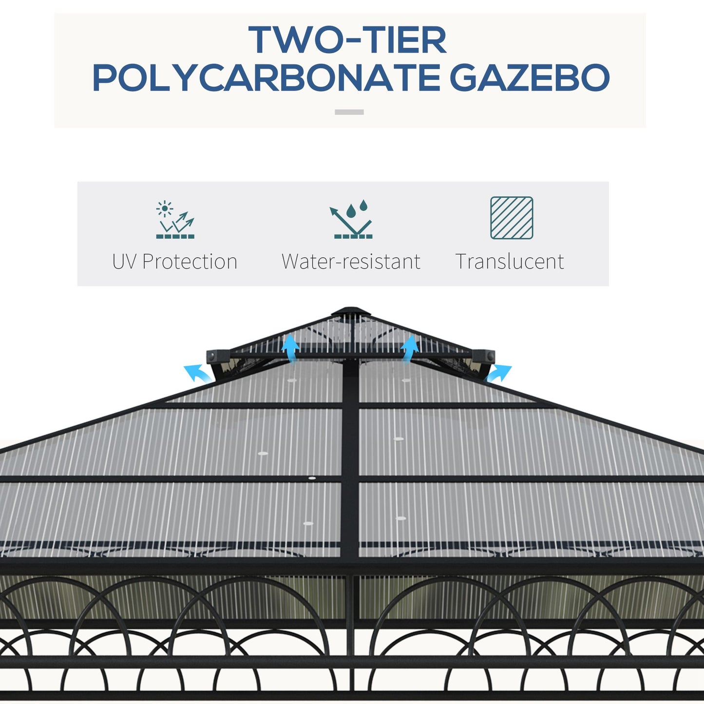 Outsunny 3 x 3 (m) Outdoor Polycarbonate Gazebo, Double Roof Hard Top Gazebo with Galvanised Steel Frame, Nettings & Curtains for Garden, Lawn, Garden and Deck