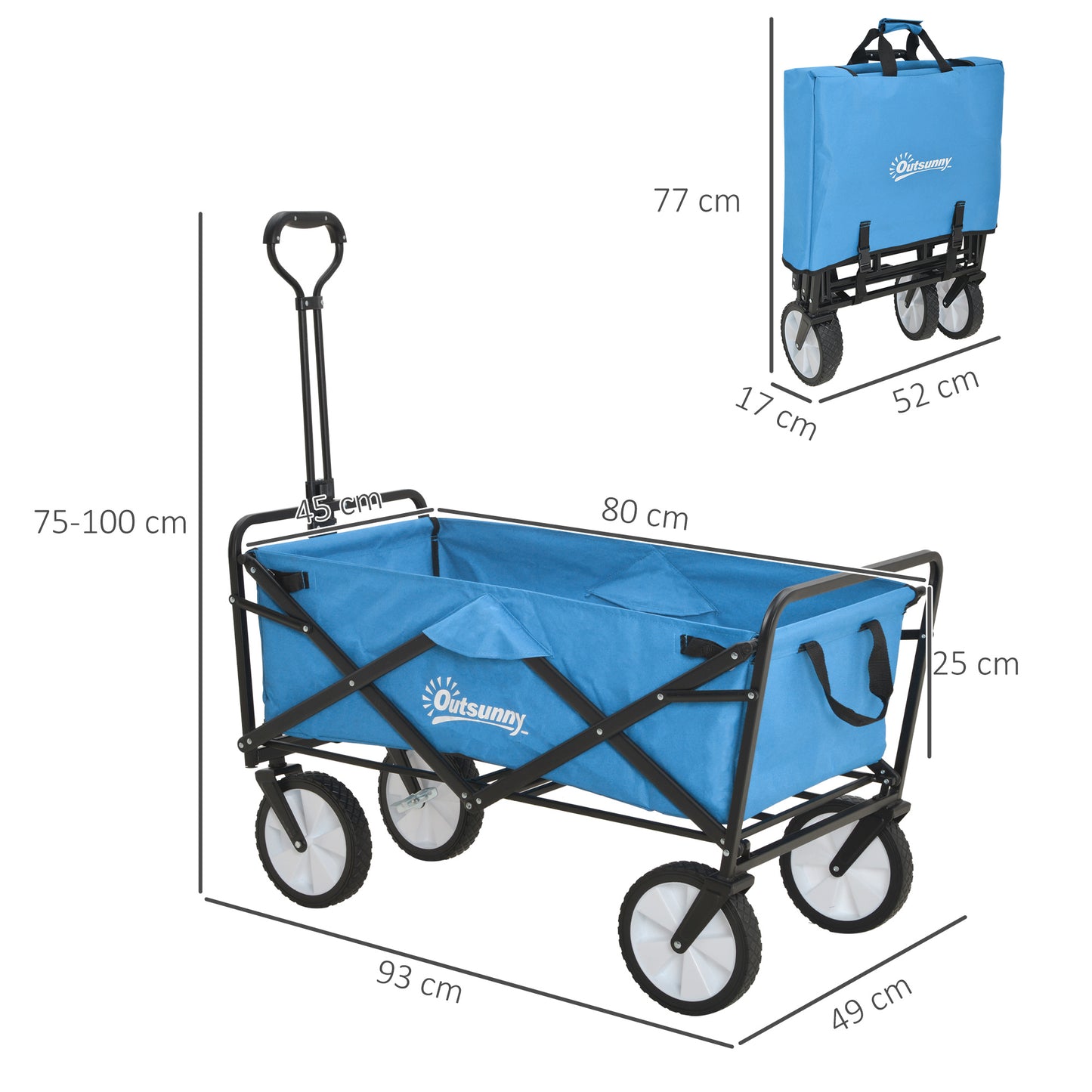 Outsunny Collapsible Folding Outdoor Garden Storage Trolley Cart w/ Telescopic Handle & Brakes Blue