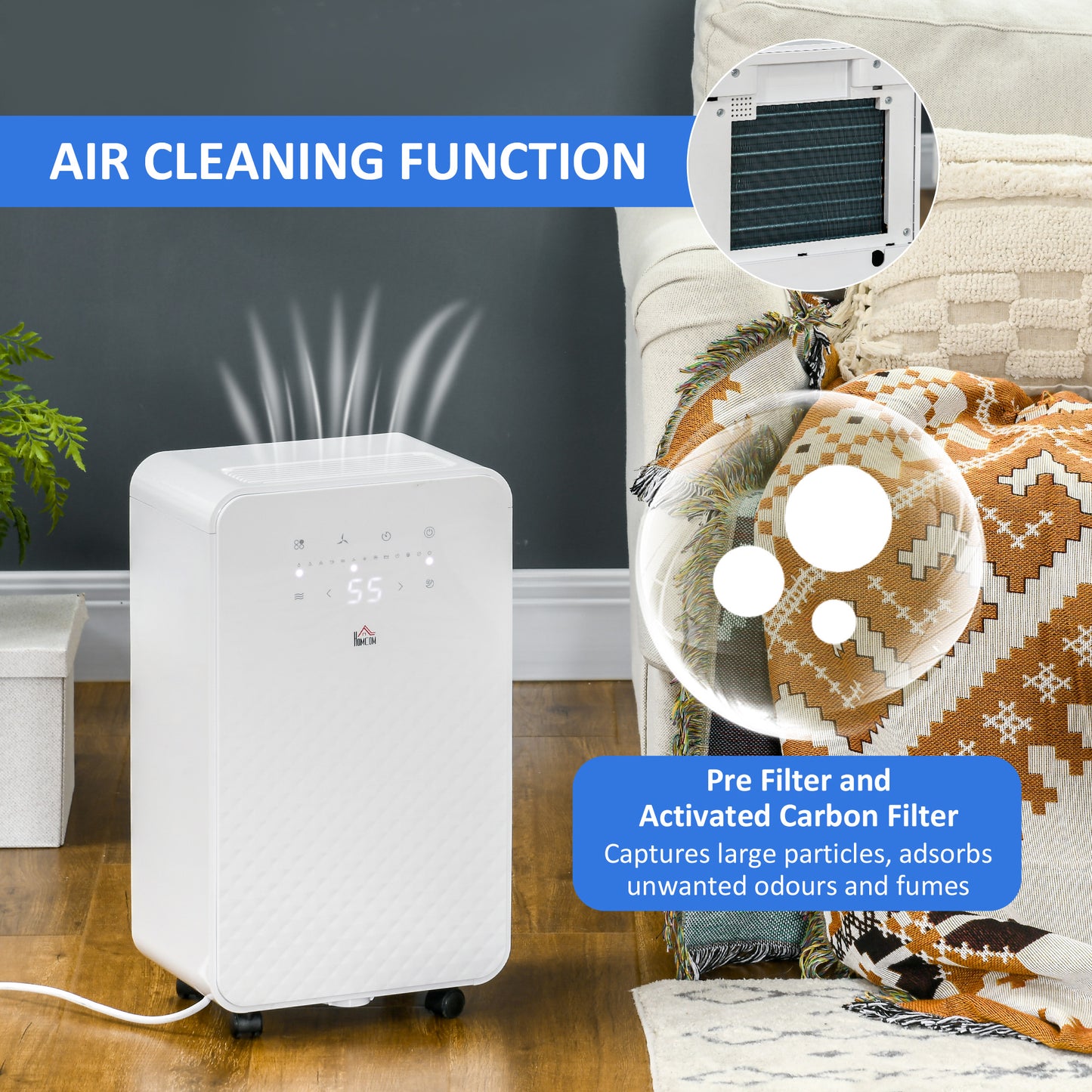 HOMCOM 2000mL Portable Dehumidifier with Air Purifier, 24H Timer, 5 Modes, 12L/Day, for Home Laundry, White