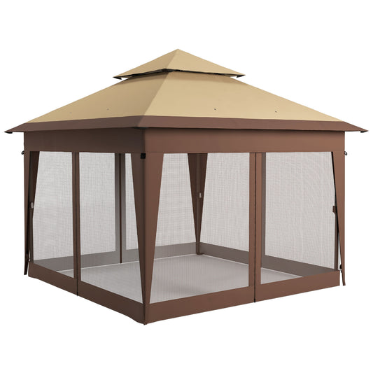 Outsunny 3 x 3(m) Pop Up Gazebo with Mosquito Netting, 1 Person Easy up Marquee Party Tent with 1-Button Push, Double Roof, Carry Bag, Sandbags, Height Adjustable Instant Shelter, Khaki