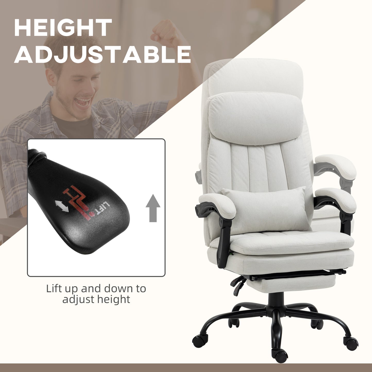 Vinsetto Office Chair Ergonomic Desk Chair with 6Point Vibration Massage and Lumbar Heating Computer Chair with Lumbar Support Pillow 155° Reclining Back and Footrest Cream White
