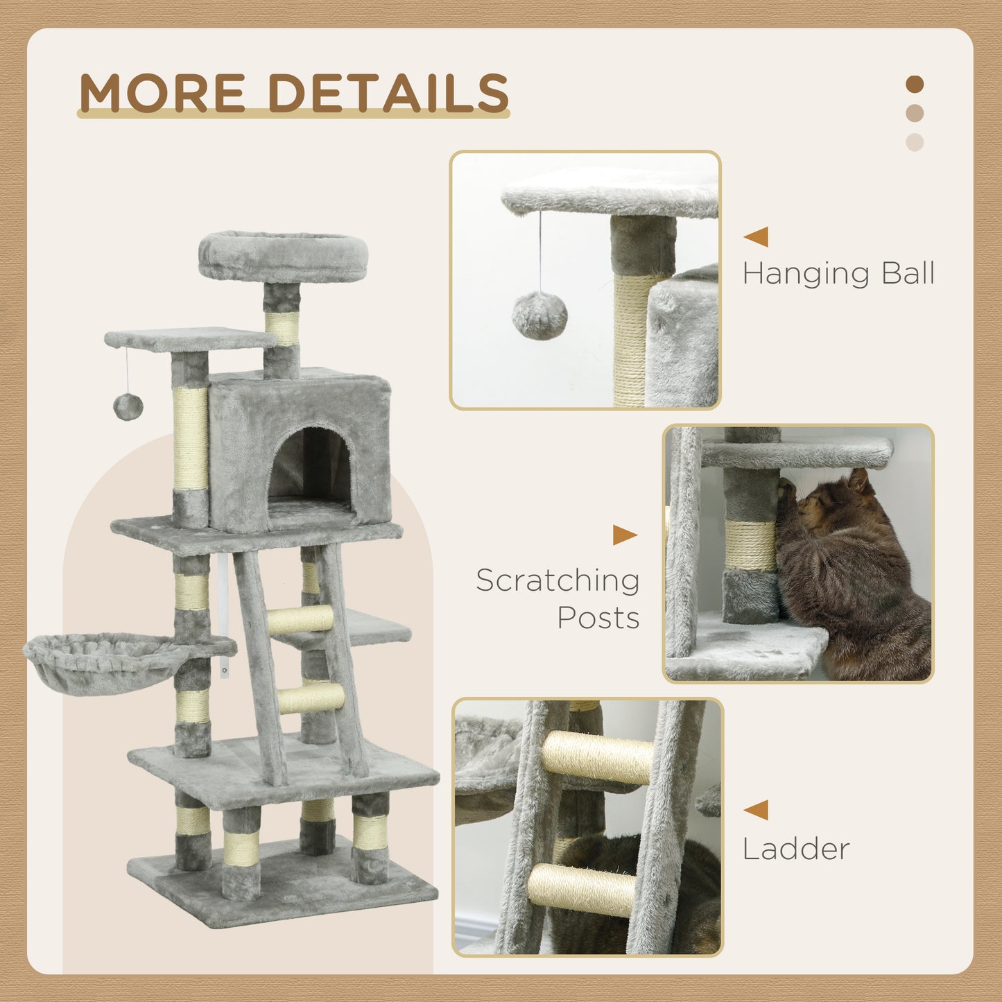 PawHut 132cm Cat Tree with Scratching Post, House, Hammock, Grey