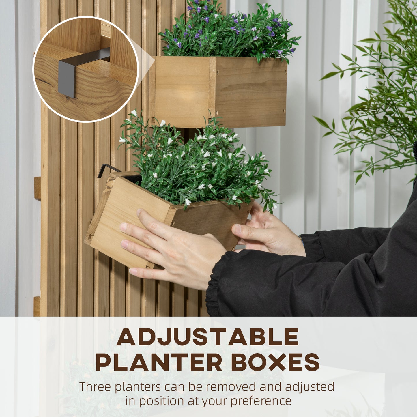 Outsunny Wallmounted Wooden Garden Planters with Trellis Drainage Holes and 3 Planter Boxes for Patio Carbonised