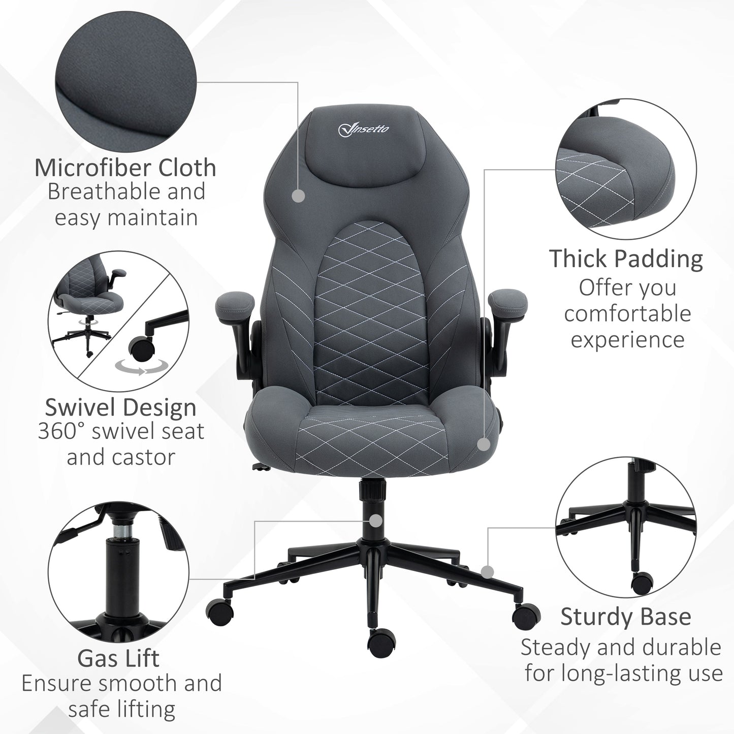 Vinsetto Home Office Desk Chair Computer Chair with Flip Up Armrests Swivel Seat and Tilt Function Dark Grey