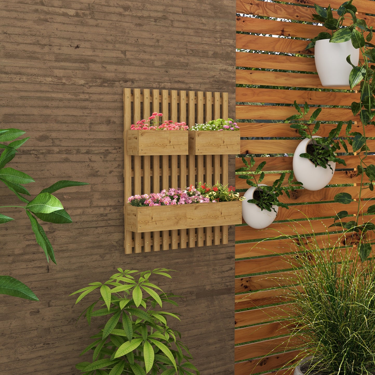 Outsunny Wallmounted Wooden Garden Planters with Trellis Drainage Holes and 3 Planter Boxes for Patio Carbonised