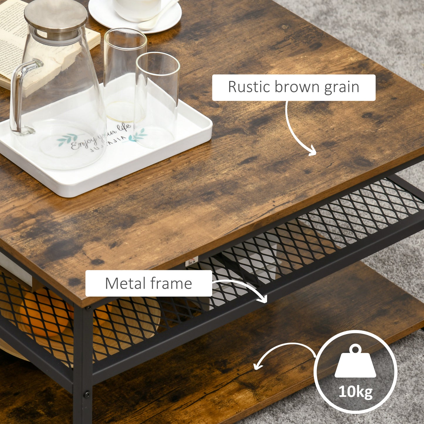 HOMCOM Industrial Coffee Table, Square Cocktail Table with 3-Tier Storage Shelves for Living Room, Rustic Brown