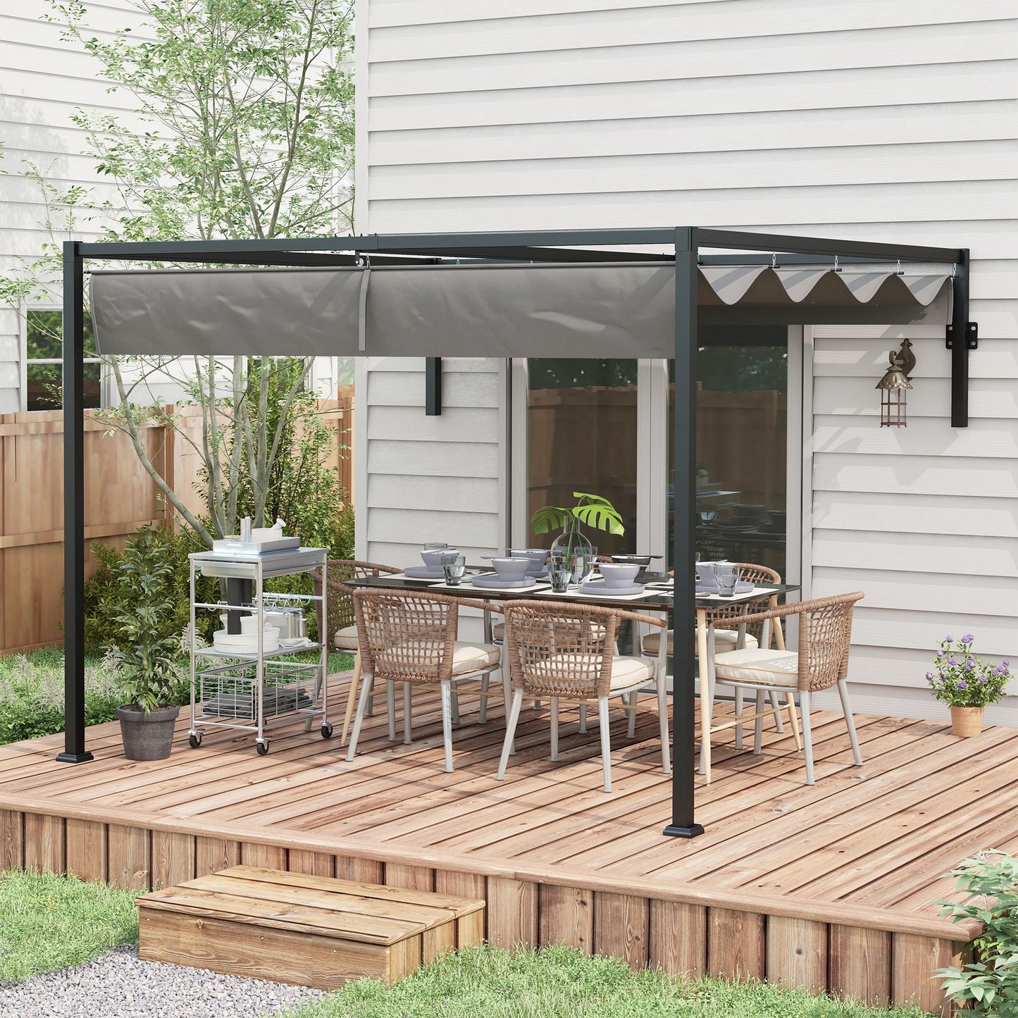 Outsunny 3 x 4m Lean To Pergola Metal Pergola with Retractable Roof for Grill Garden Patio Deck