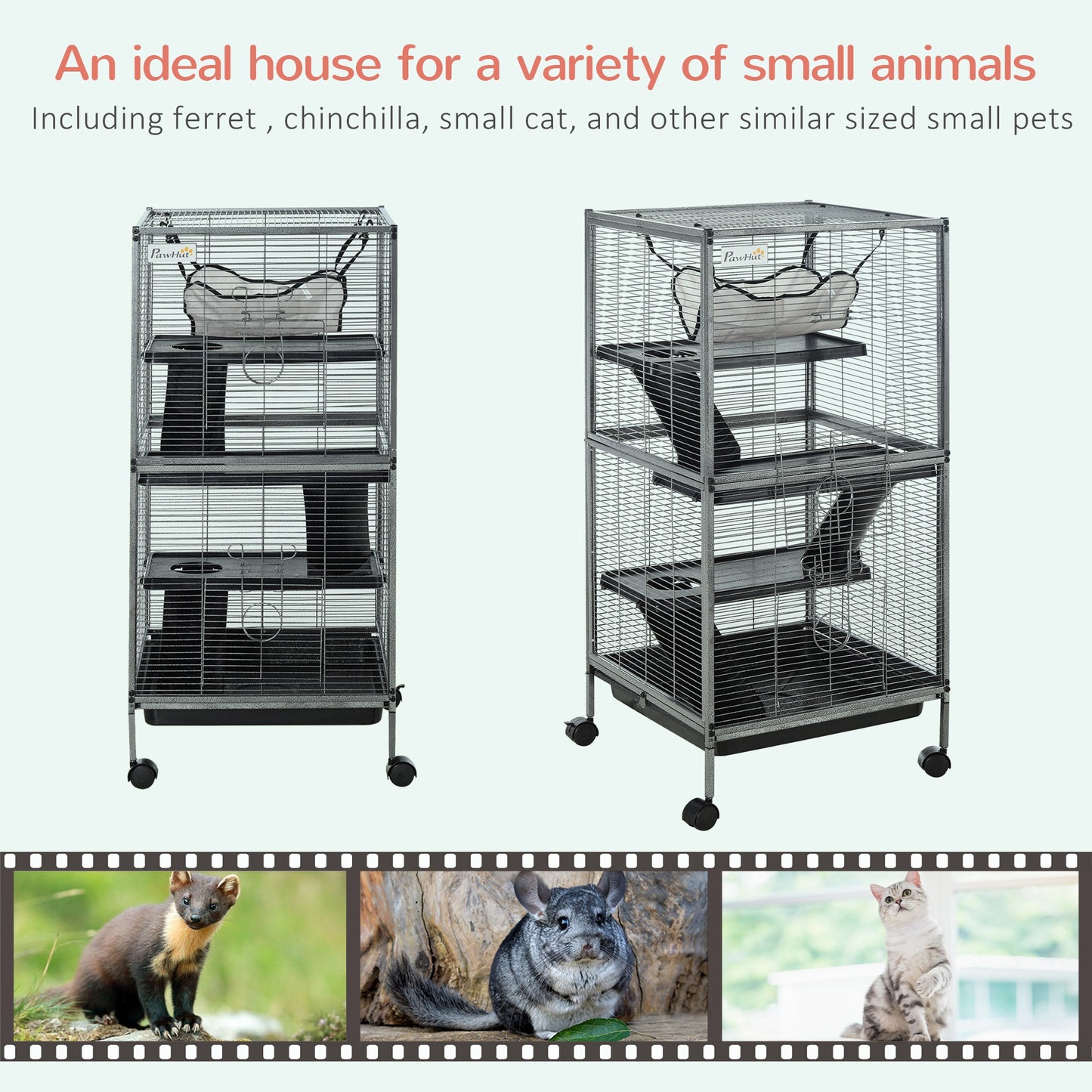 PawHut Small Animal Cage with Wheels Pet Home for Chinchillas