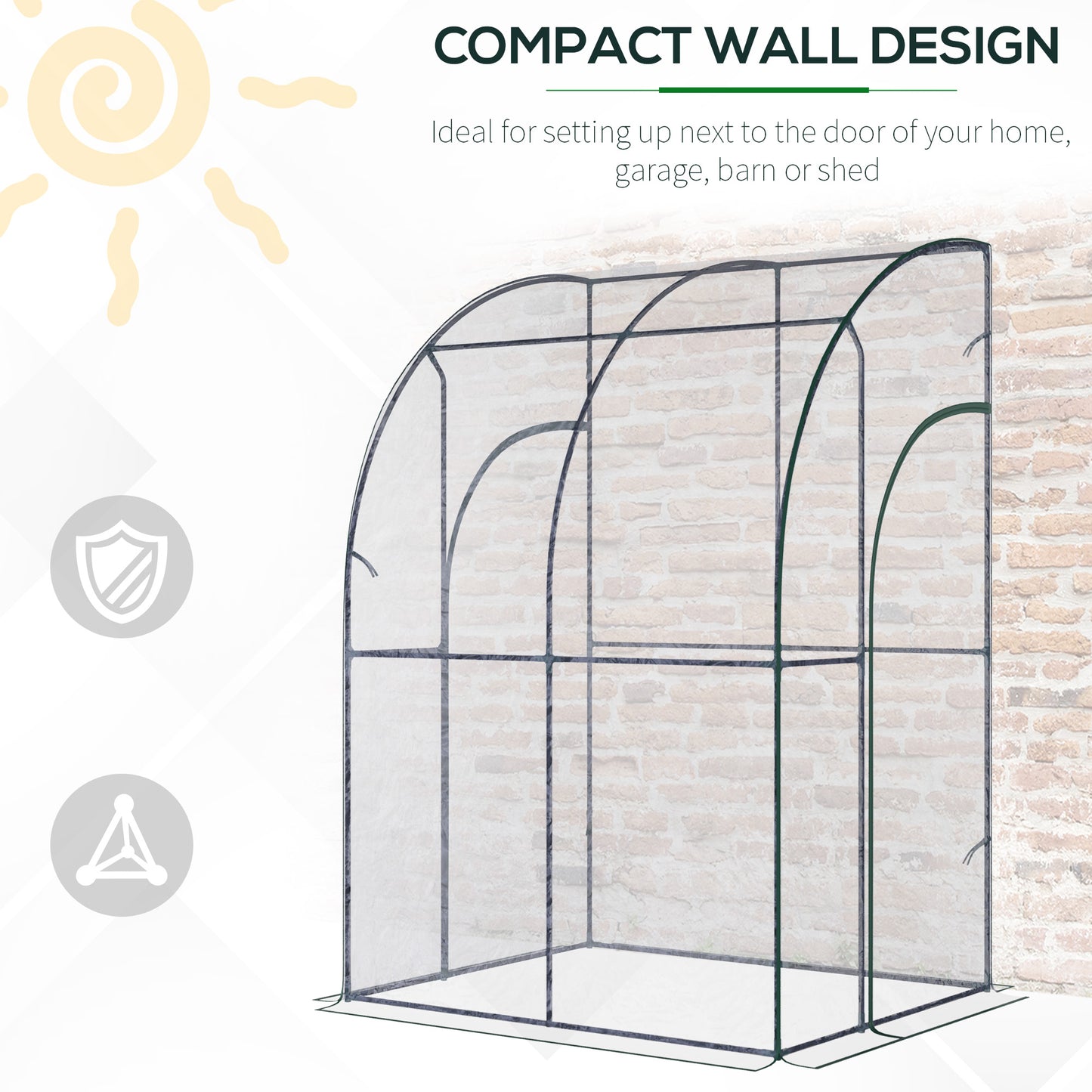 Outsunny Outdoor Walk-In Lean to Wall Tunnel Greenhouse with Zippered Roll Up Door PVC Cover Sloping Top, Clear, Green 143cm x 118cm x 212cm