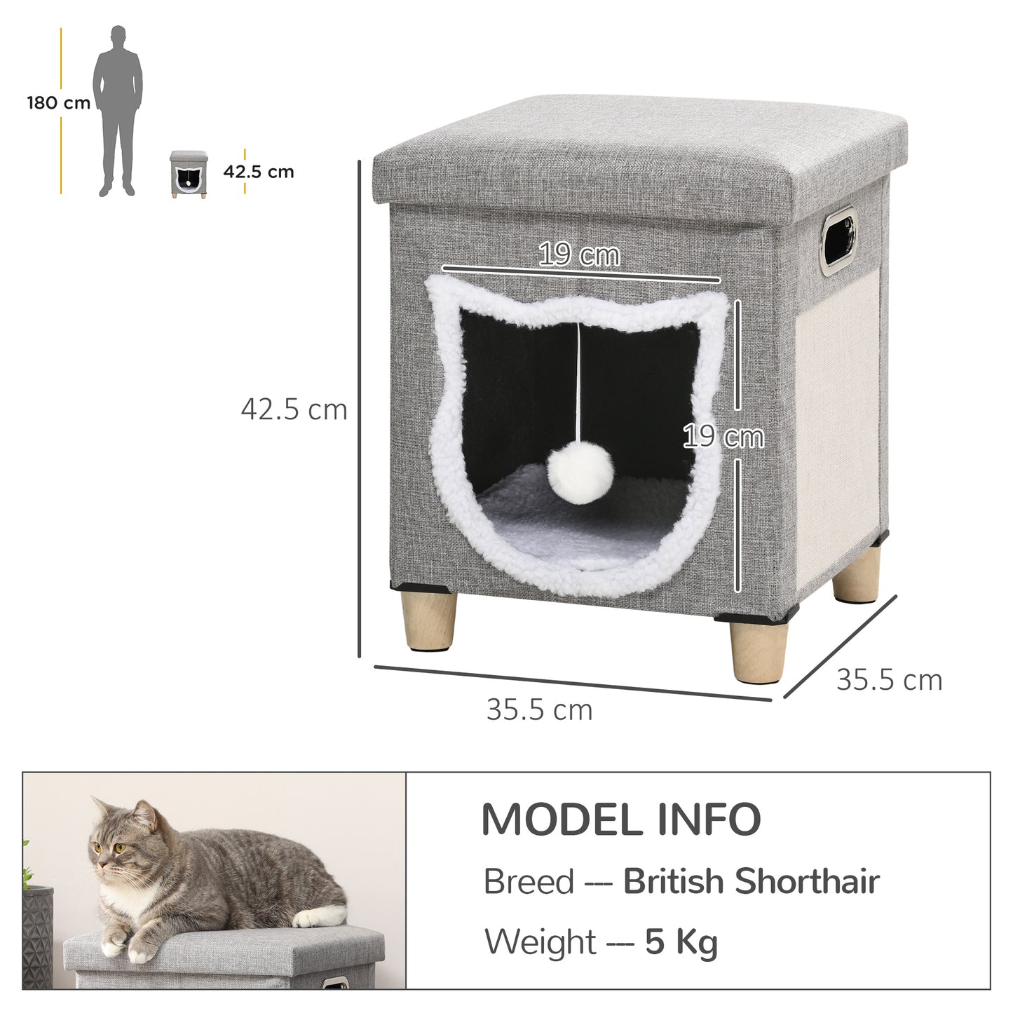 PawHut 2 in 1 Cat Bed Ottoman, Comfortable Cat Sleeping Cave House w/ Removable Cushion, Scratching Pad, Handles, Anti-Slip Foot Pad, Toy Ball, Entrance - Grey