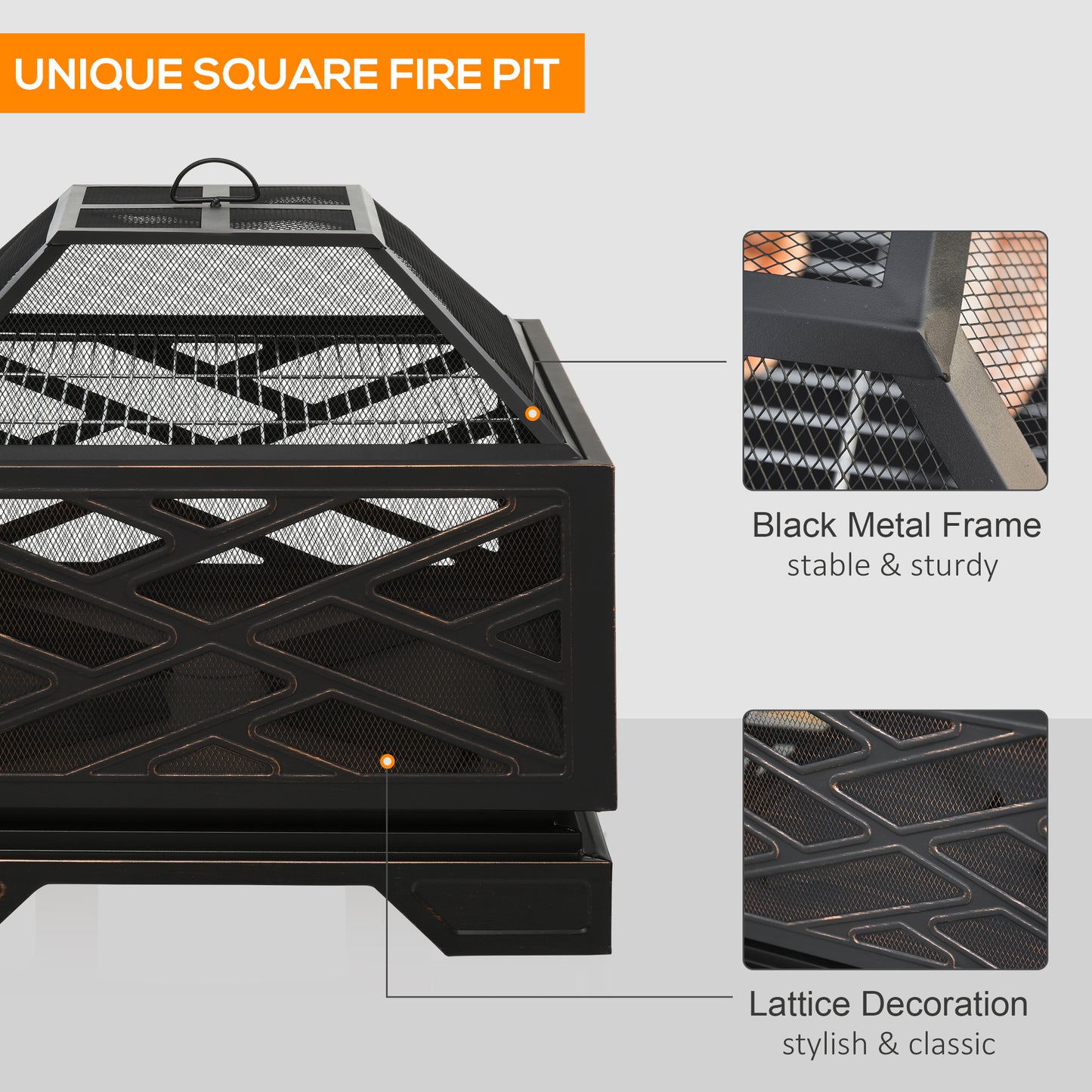 Outsunny Outdoor Square Fire Pit Patio Metal Brazier w/ Grill Net Mesh Cover Poker 66cm