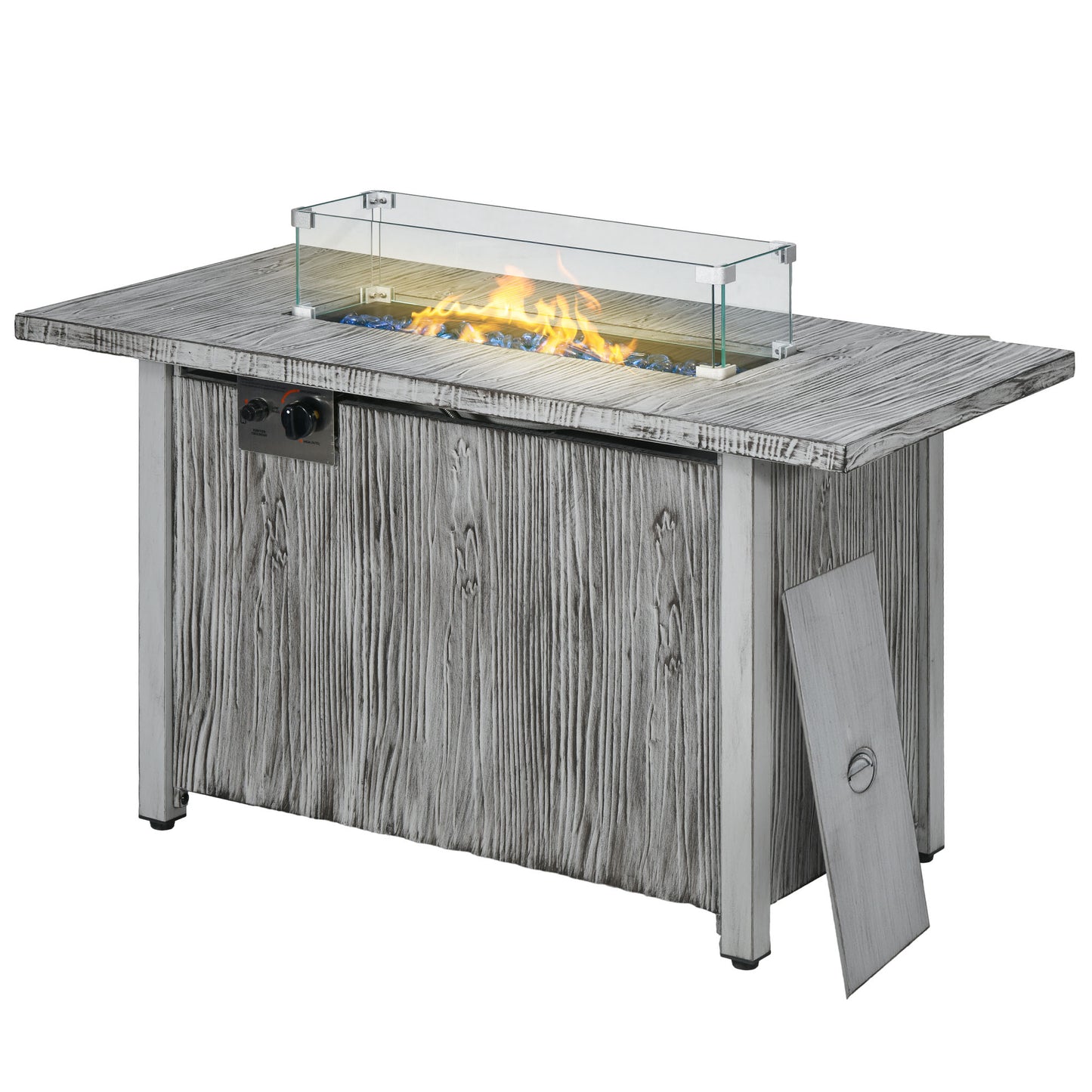 Outsunny 50,000 BTU Gas Fire Pit Table with Cover, Glass Screen and Glass Beads, Grey