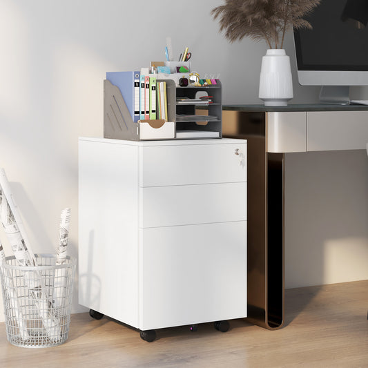 Vinsetto 3-Drawer Vertical Filing Cabinet with Lock and Pencil Tray, Steel Mobile File Cabinet with Adjustable Hanging Bar for A4, Legal and Letter Size, White